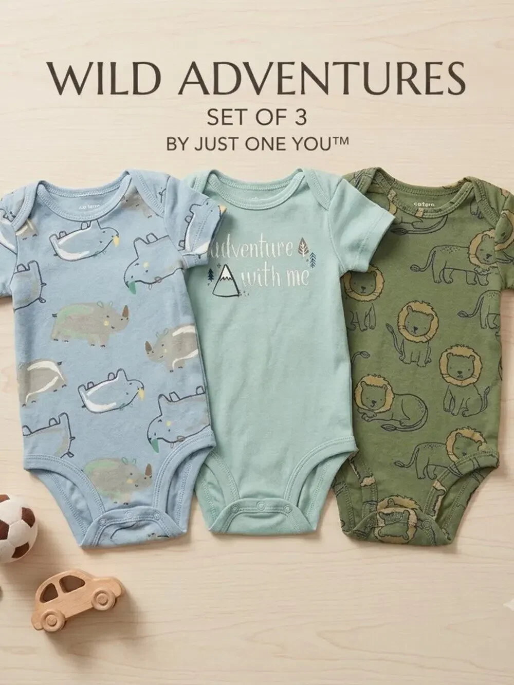 Carter's Baby Boy 3-6 Months Short-Sleeve Bodysuit Bundle – 3 Pack (Rhino, Lion,